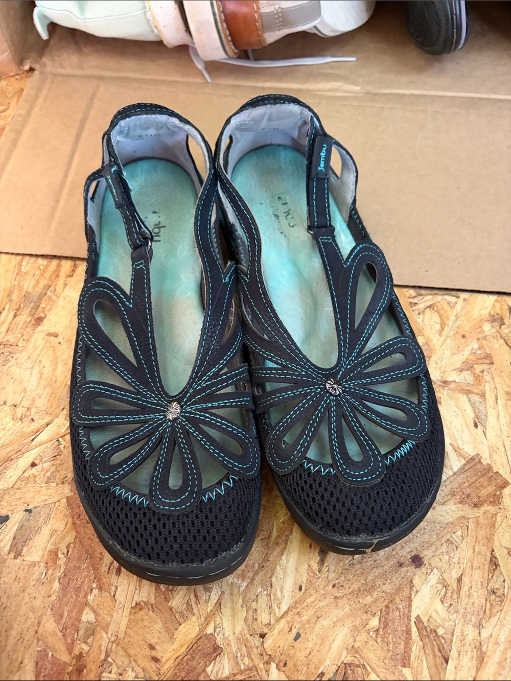 JBU Black Floral Cutout Slingback Flats with Teal Stitching 8.5